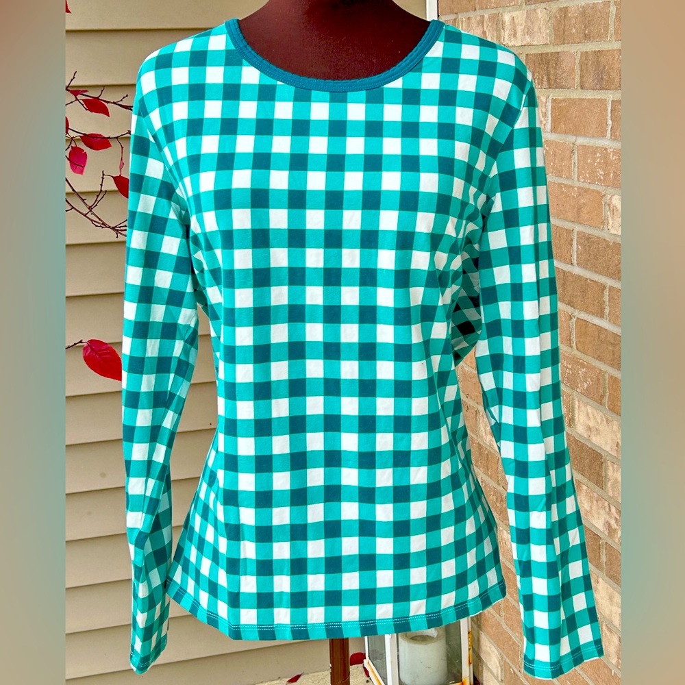 NWOT DRAPER JAMES for LANDS END sXL-pretty dk teal check-long slv